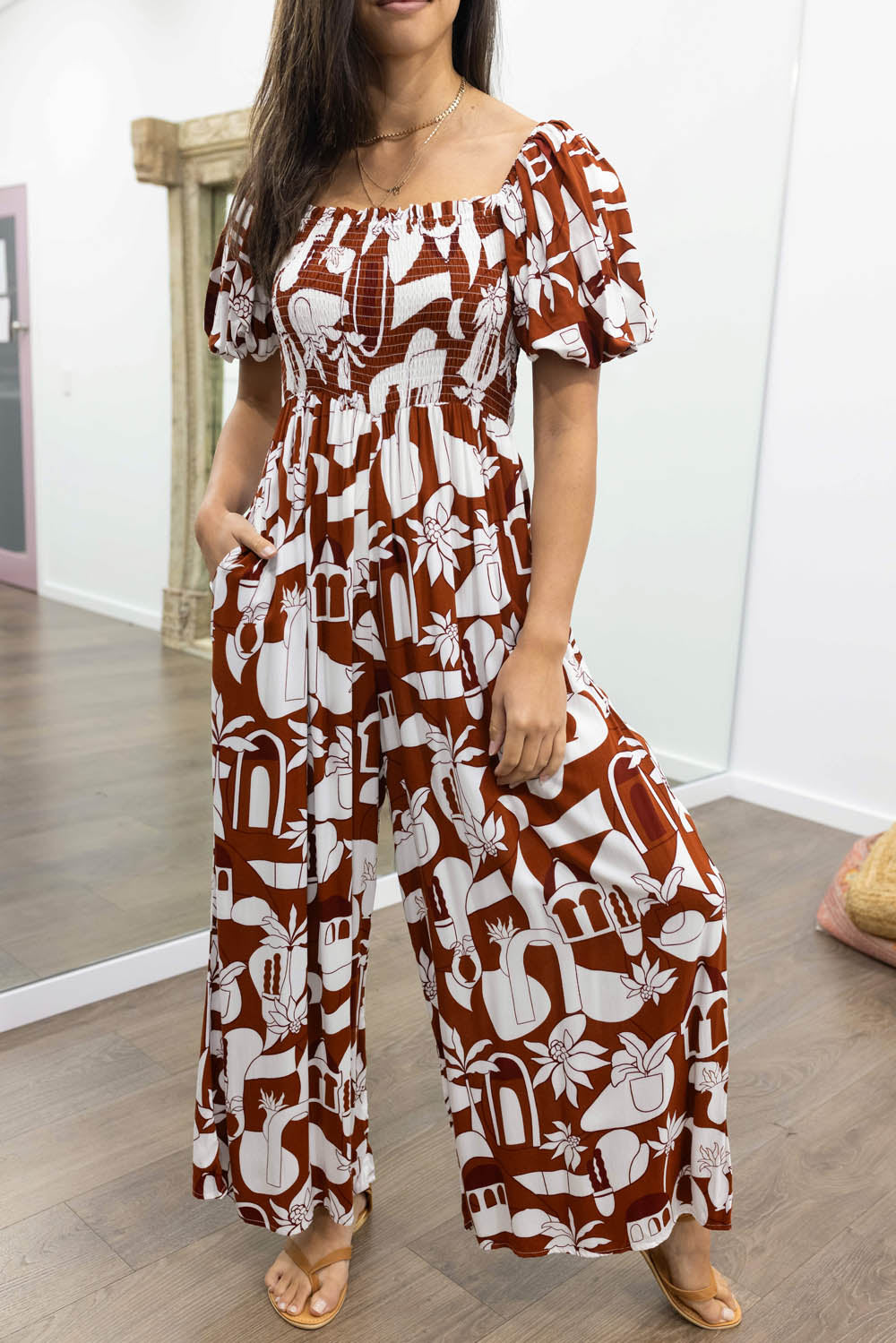 Rust Casual Wear Printed Cotton Jumpsuit